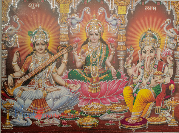 Laxmi, Saraswati and Ganesha Jari Decorative Poster 12x16 inch